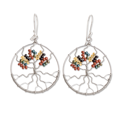Beaded dangle earrings, 'Silver Tree' - Crystal and Glass Beaded Tree of Life Themed Dangle Earrings