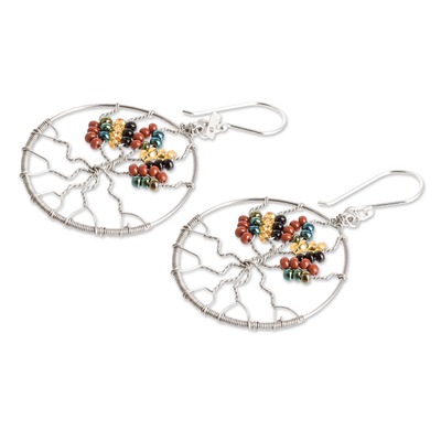 Beaded dangle earrings, 'Silver Tree' - Crystal and Glass Beaded Tree of Life Themed Dangle Earrings