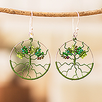 Beaded dangle earrings, 'Green Tree' - Crystal & Glass Beaded Tree of Life Dangle Earrings in Green