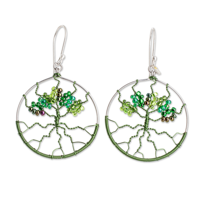 Beaded dangle earrings, 'Green Tree' - Crystal & Glass Beaded Tree of Life Dangle Earrings in Green