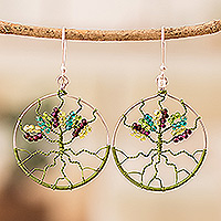 Crystal and glass beaded dangle earrings, 'Roots of Vitality in Green' - Tree-Themed Green Crystal and Glass Beaded Dangle Earrings