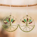Crystal and glass beaded dangle earrings, 'Roots of Vitality in Green' - Tree-Themed Green Crystal and Glass Beaded Dangle Earrings