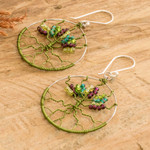 Crystal and glass beaded dangle earrings, 'Roots of Vitality in Green' - Tree-Themed Green Crystal and Glass Beaded Dangle Earrings