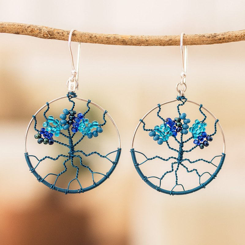 Crystal Glass Beaded Tree of Life Dangle Earrings in Blue, 'Blue Tree' - Main Image