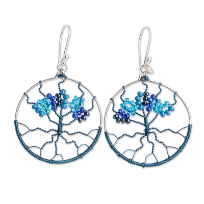 Beaded dangle earrings, 'Blue Tree' - Crystal & Glass Beaded Tree of Life Dangle Earrings in Blue