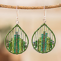 Glass beaded dangle earrings, 'Green Contrasts' - Glass Beaded Dangle Earrings in Green Hues