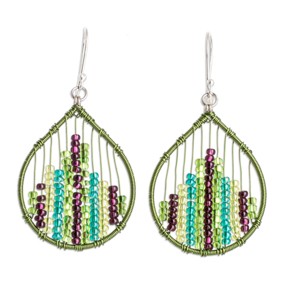 Glass beaded dangle earrings, 'Nature Contrasts' - Glass Beaded Dangle Earrings in Green and Purple