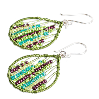 Glass beaded dangle earrings, 'Nature Contrasts' - Glass Beaded Dangle Earrings in Green and Purple