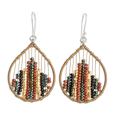Glass beaded dangle earrings, 'Coffee Contrasts' - Glass Beaded Dangle Earrings in Brown and Golden