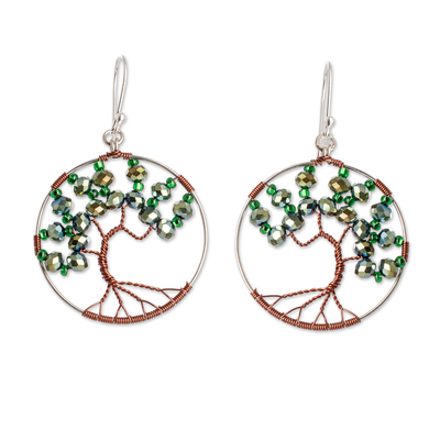 Crystal and glass beaded dangle earrings, 'Fruits of Hope' - Tree-Themed Green Crystal and Glass Beaded Dangle Earrings