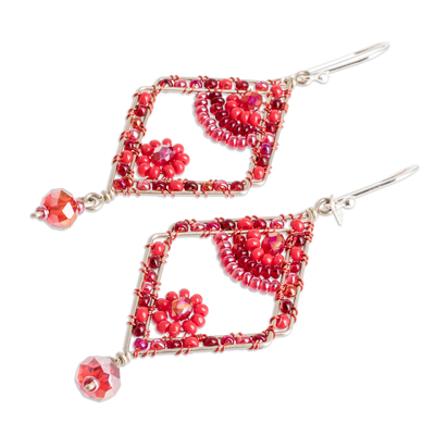 Crystal and glass beaded dangle earrings, 'Passion Kite' - Diamond-Shaped Red Crystal and Glass Beaded Dangle Earrings