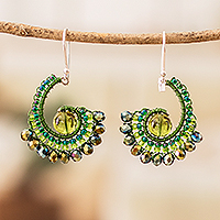 Crystal and glass beaded dangle earrings, 'Forest Tails' - Handcrafted Green Crystal and Glass Beaded Dangle Earrings