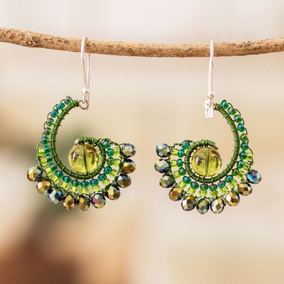 Crystal and glass beaded dangle earrings, 'Forest Tails' - Handcrafted Green Crystal and Glass Beaded Dangle Earrings