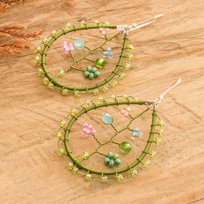 Crystal and glass beaded dangle earrings, 'Spring of Hope' - Floral Green Crystal and Glass Beaded Dangle Earrings