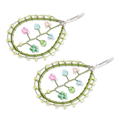 Pendientes colgantes con cuentas de cristal y vidrio - Pendientes colgantes con cuentas de cristal y cristal verde floral
