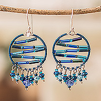 Crystal and glass beaded dangle earrings, 'Heaven's Ornaments' - Blue Crystal and Glass Beaded Dangle Earrings from Guatemala