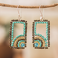 Crystal and glass beaded dangle earrings, 'Aqua Portals' - Rectangular Turquoise and Golden Beaded Dangle Earrings