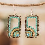 Crystal and glass beaded dangle earrings, 'Aqua Portals' - Rectangular Turquoise and Golden Beaded Dangle Earrings