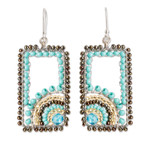 Crystal and glass beaded dangle earrings, 'Aqua Portals' - Rectangular Turquoise and Golden Beaded Dangle Earrings