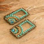 Crystal and glass beaded dangle earrings, 'Aqua Portals' - Rectangular Turquoise and Golden Beaded Dangle Earrings