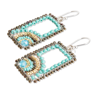 Crystal and glass beaded dangle earrings, 'Aqua Portals' - Rectangular Turquoise and Golden Beaded Dangle Earrings