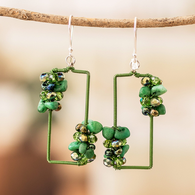 Pendientes colgantes con cuentas de jaspe - Pendientes colgantes con cuentas de cristal y vidrio de jaspe verde