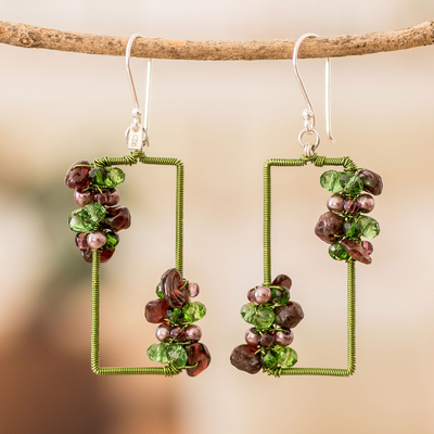 Garnet beaded dangle earrings, 'Precious Green' - Handmade Green Garnet Crystal & Glass Beaded Dangle Earrings