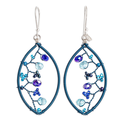 Crystal and glass beaded dangle earrings, 'Blue Crystal Web' - Blue Crystal and Glass Beaded Dangle Earrings with Hooks