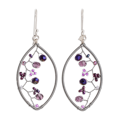 Crystal and glass beaded dangle earrings, 'Purple Crystal Web' - Purple Crystal and Glass Beaded Dangle Earrings with Hooks