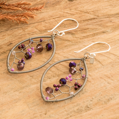 Crystal and glass beaded dangle earrings, 'Purple Crystal Web' - Purple Crystal and Glass Beaded Dangle Earrings with Hooks