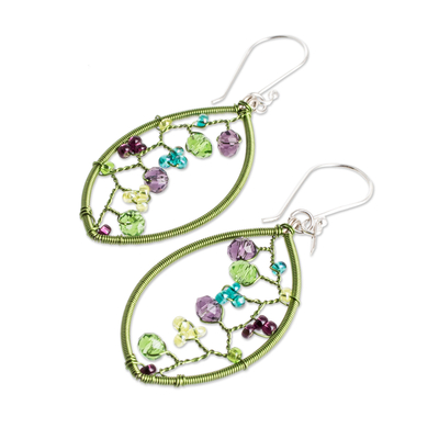 Crystal and glass beaded dangle earrings, 'Eden's Crystal Web' - Green and Purple Crystal and Glass Beaded Dangle Earrings