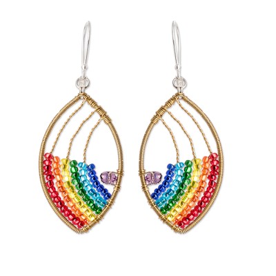 Crystal and glass beaded dangle earrings, 'Glorious Rainbow' - Polished Rainbow Crystal and Glass Beaded Dangle Earrings