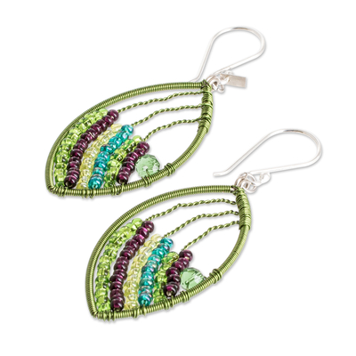 Pendientes colgantes con cuentas - Pendientes colgantes hechos a mano de cristal púrpura verde y cuentas de vidrio
