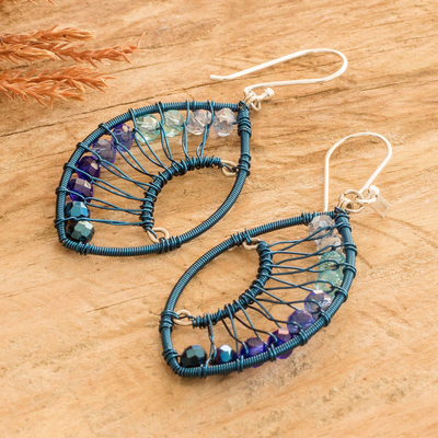 Beaded dangle earrings, 'Crystal Eyes' - Handmade Crystal & Glass Beaded Dangle Earrings in Blue