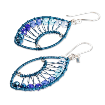 Beaded dangle earrings, 'Crystal Eyes' - Handmade Crystal & Glass Beaded Dangle Earrings in Blue