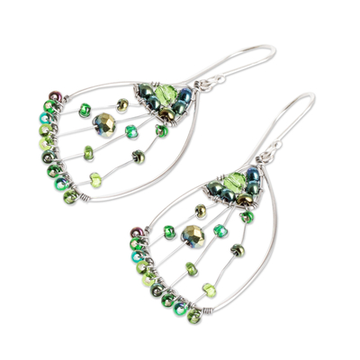 Beaded dangle earrings, 'Green Wings of Freedom' - Green Crystal & Glass Beaded Butterfly Wing Dangle Earrings