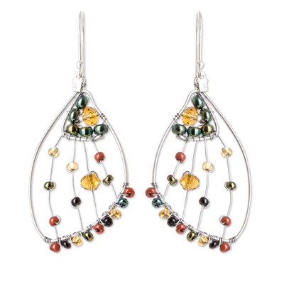 Beaded dangle earrings, 'Earthy Wings of Freedom' - Handmade Crystal Glass Beaded Butterfly Wing Dangle Earrings