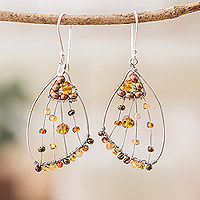 Beaded dangle earrings, 'Brown Wings of Freedom' - Brown Crystal & Glass Beaded Butterfly Wing Dangle Earrings