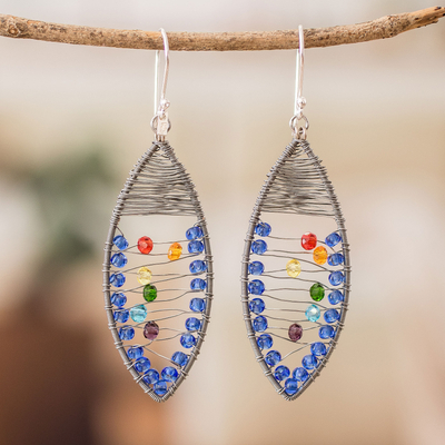 Beaded dangle earrings, 'Stylish Union' - Crystal & Glass Beaded Dangle Earrings with Wire Accents