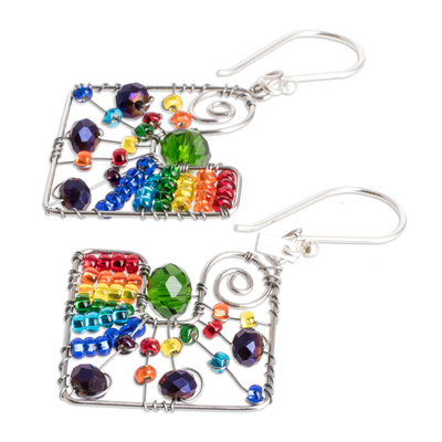 Crystal and glass beaded dangle earrings, 'Harmonious Constellation' - Geometric Rainbow Crystal and Glass Beaded Dangle Earrings