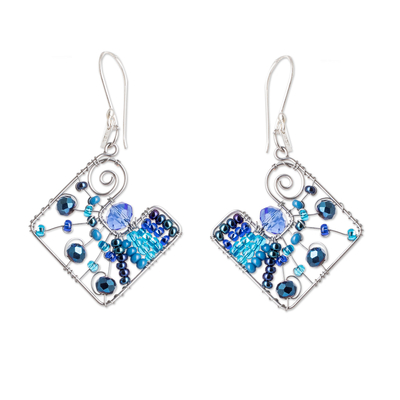 Crystal and glass beaded dangle earrings, 'Harmonious Blue Constellation' - Geometric Blue Crystal and Glass Beaded Dangle Earrings