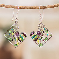 Crystal and glass beaded dangle earrings, 'Harmonious Light Constellation' - Geometric Vibrant Crystal and Glass Beaded Dangle Earrings