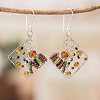 Crystal and glass beaded dangle earrings, 'Harmonious Brown Constellation' - Geometric Brown Crystal and Glass Beaded Dangle Earrings