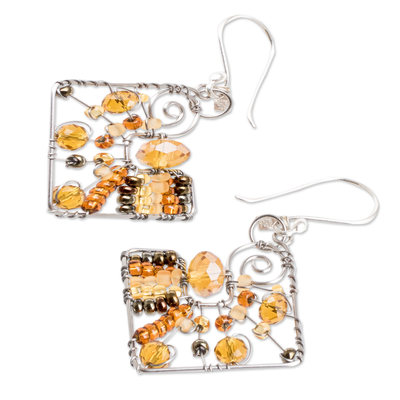 Crystal and glass beaded dangle earrings, 'Harmonious Sunny Constellation' - Warm-Toned Crystal and Glass Beaded Dangle Earrings
