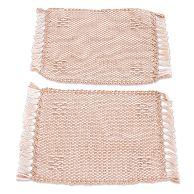 Cotton coasters, 'Afternoon Tea' (pair) - Pair of Handwoven Cotton Coasters in Beige with Fringes