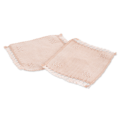 Cotton coasters, 'Afternoon Tea' (pair) - Pair of Handwoven Cotton Coasters in Beige with Fringes