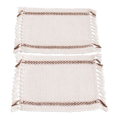 Cotton coasters, 'Morning Tea' (pair) - Pair of Handwoven Cotton Coasters in Brown and Ivory