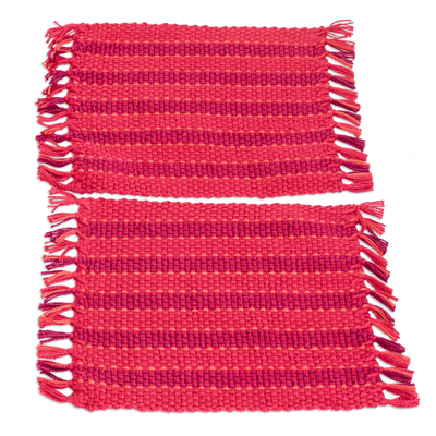 Cotton coasters, 'Red Fruits' (pair) - Pair of Handwoven Striped Cardinal Red Cotton Coasters