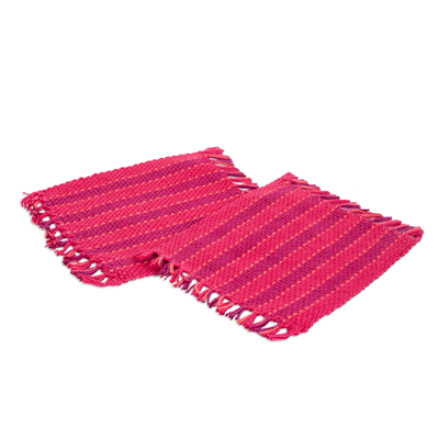 Cotton coasters, 'Red Fruits' (pair) - Pair of Handwoven Striped Cardinal Red Cotton Coasters