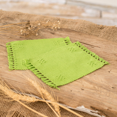 Cotton coasters, 'Lemony Lime' (pair) - Pair of Hand-Woven Cotton Coasters in Green with Fringes